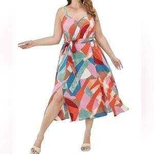 BloomChic-Geometric Print Wrap Pocket Belt Split Hem Cami Dress-Size: 12-NEW!!